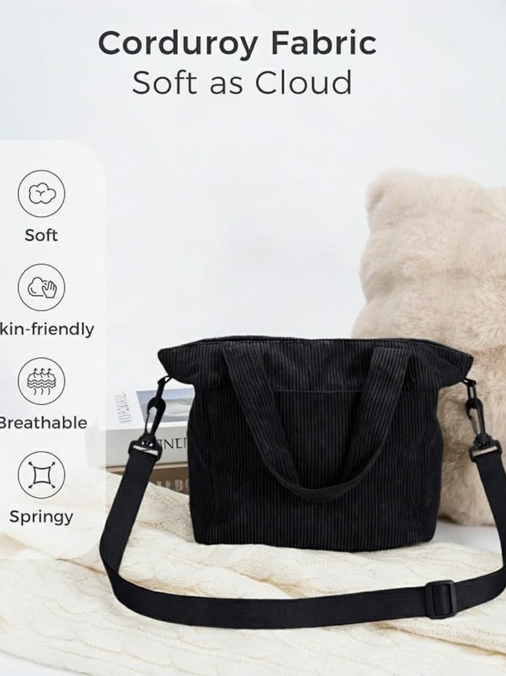 Mini Black Corduroy Shoulder Tote Bag with Removable Strap NWT - Picture 2 of 16